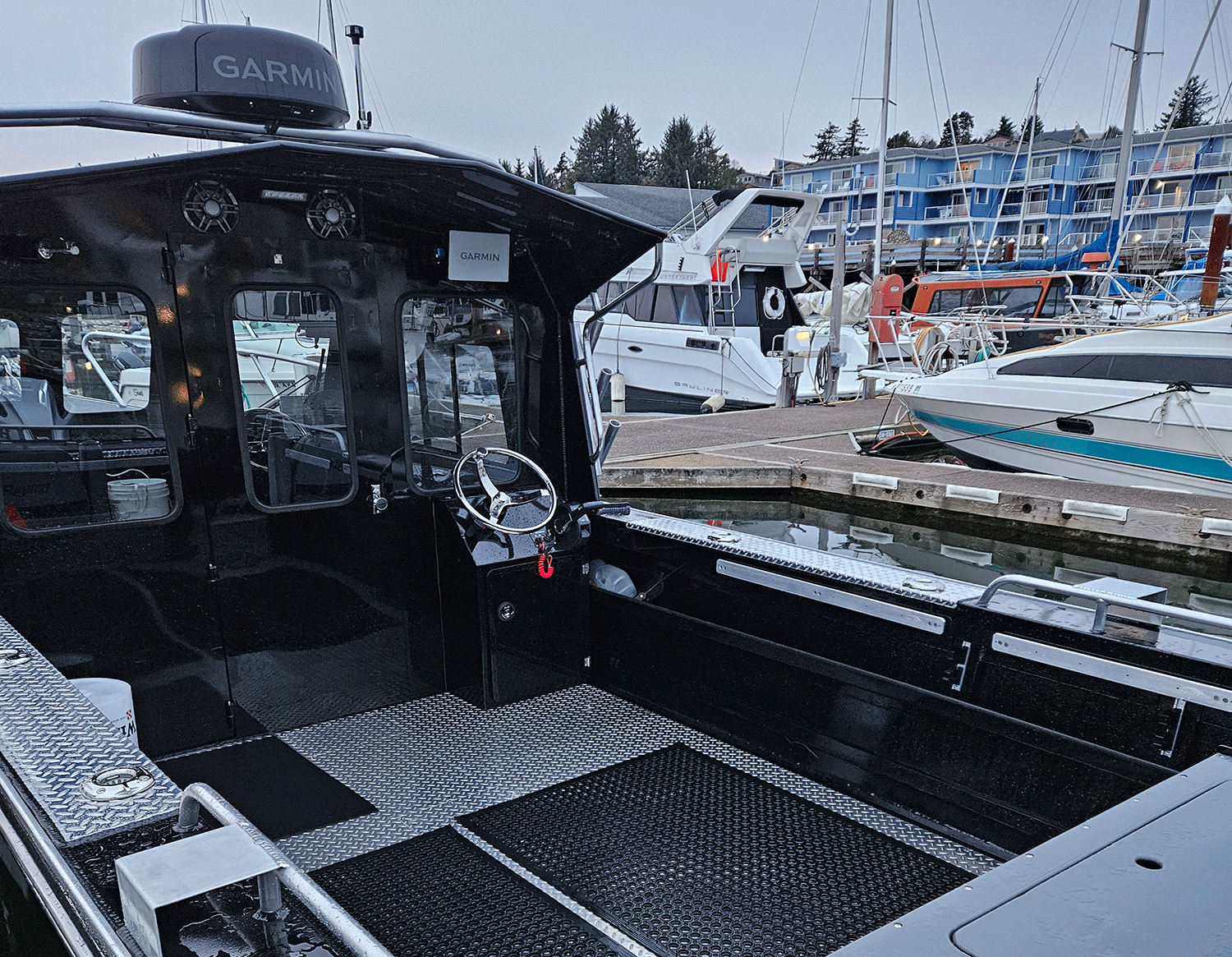 Interior of a fishing boat in a dock