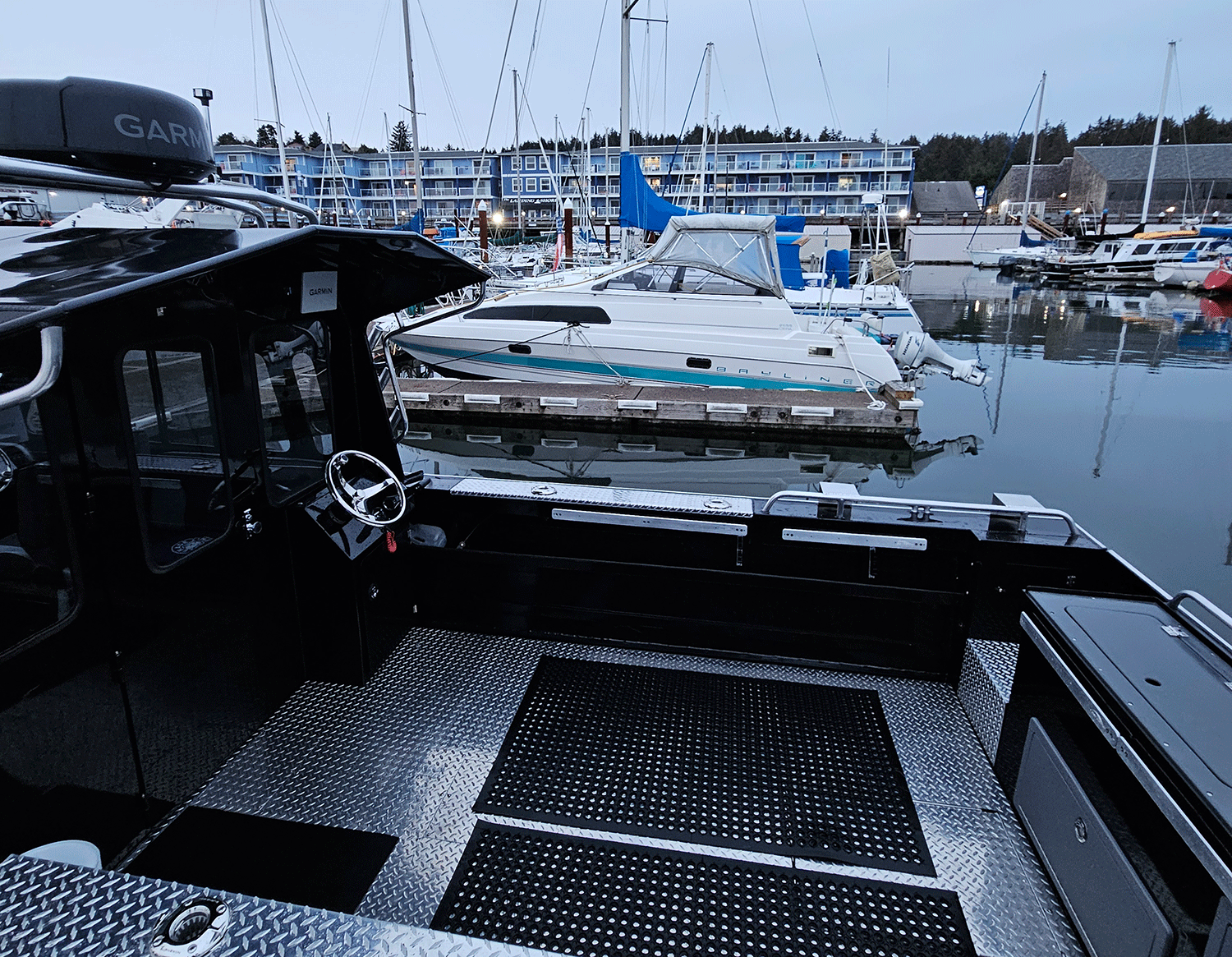 Interior of a fishing boat in a dock